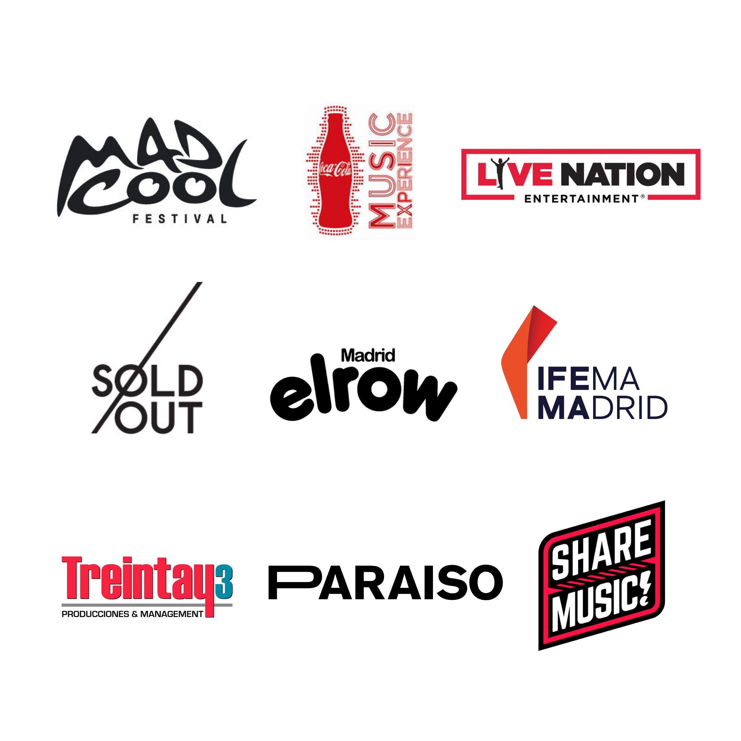 Clientes de Ephymera Sostenibilidad: Madcool Festival, Coca-Cola Music Experience, Reggaeton Festival, Live Nation, Sold Out, elrow, Ifema Madrid, 33 Producciones, Paraiso Festival, Sharemusic o Río Babel.